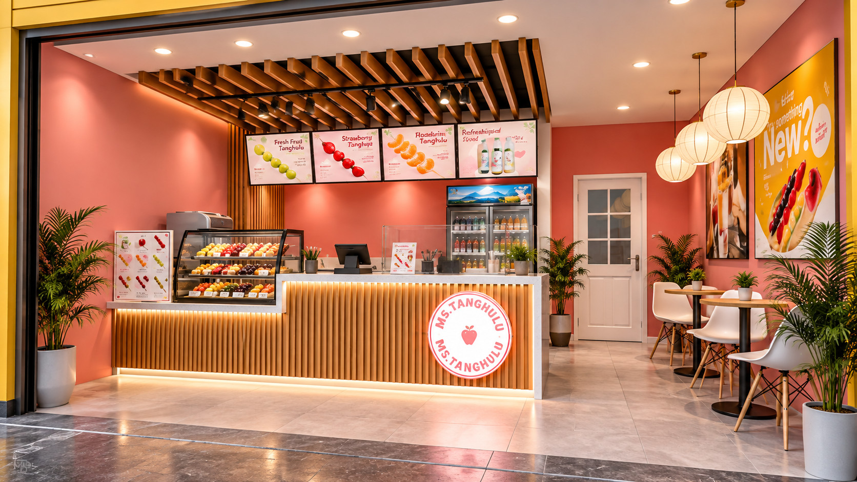 Dessert shop counter with slatted timber front, pendant lanterns, and display case, Makati City