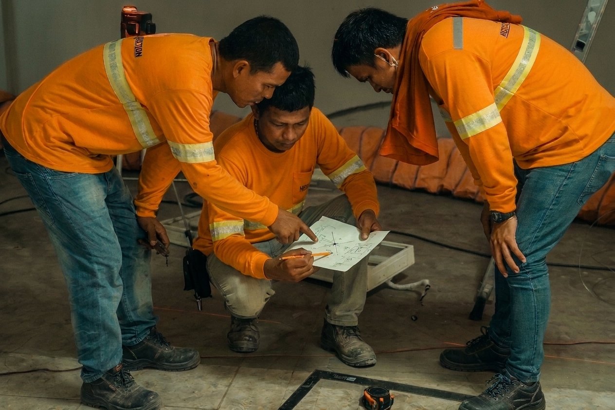 J-Prime site team in uniform reviewing a layout plan before work starts