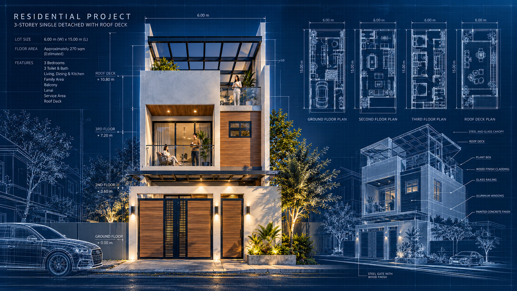 Design board for a three-storey residential building in Parañaque City: rendered front elevation, floor plans for each level, and a 3D line drawing