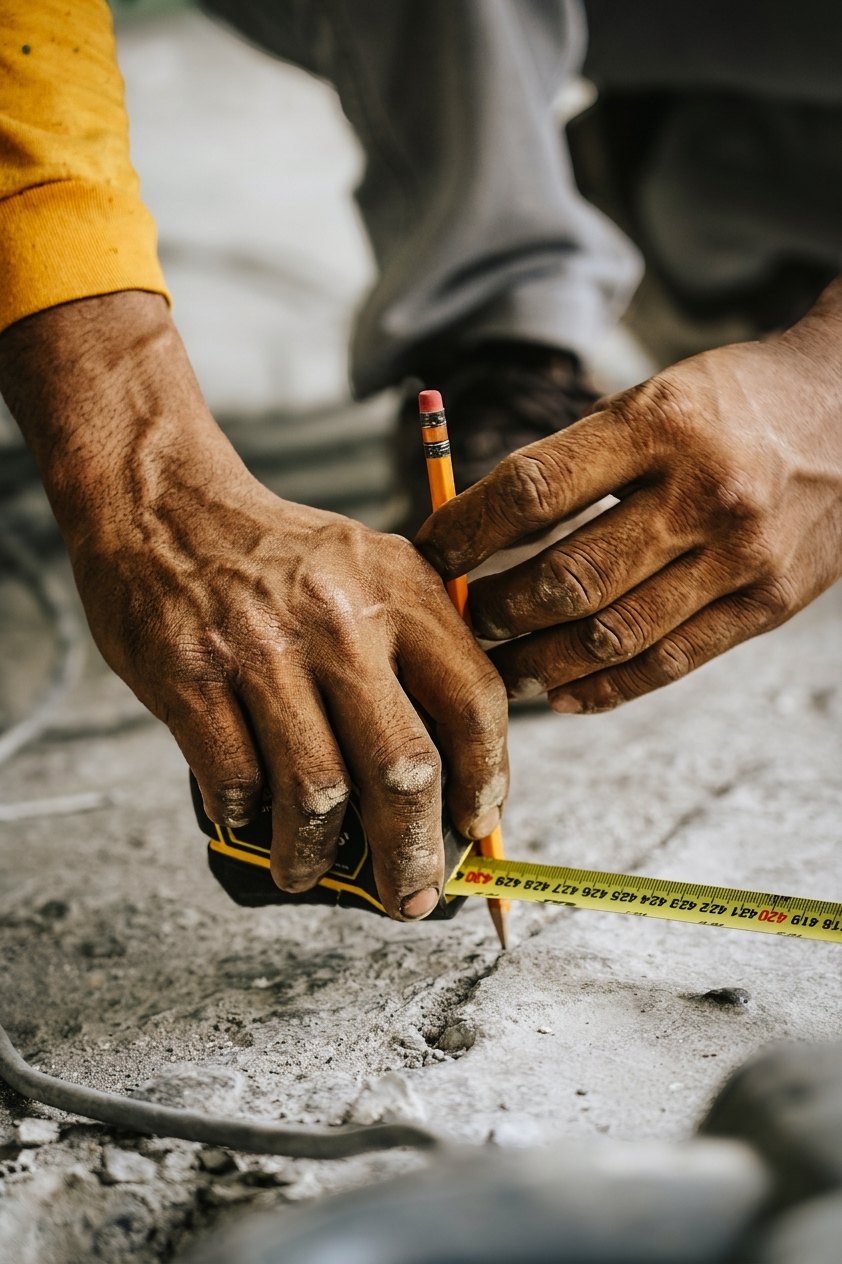 J-Prime worker marking a measurement on a concrete slab with a tape measure and pencil