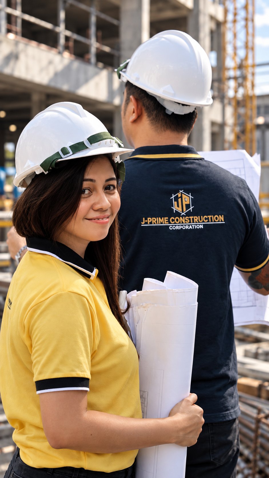 J-Prime leadership team on a construction site, wearing hard hats and holding plans